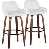 Daniella 30" Swivel Bar Stool in Walnut Wood & White Leatherette with Black Footrest (Set of 2)